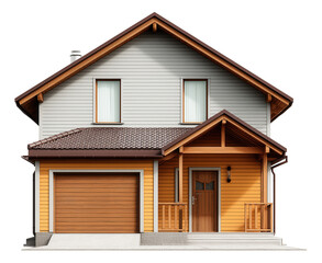 Modern two-story house with a brown gabled roof and attached garage.