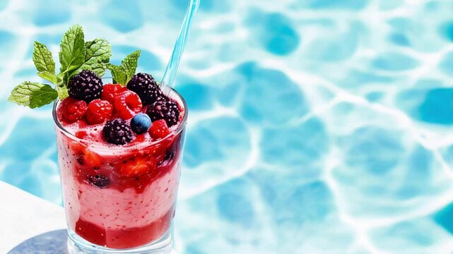 Refreshing berry smoothie by the pool on a sunny day.