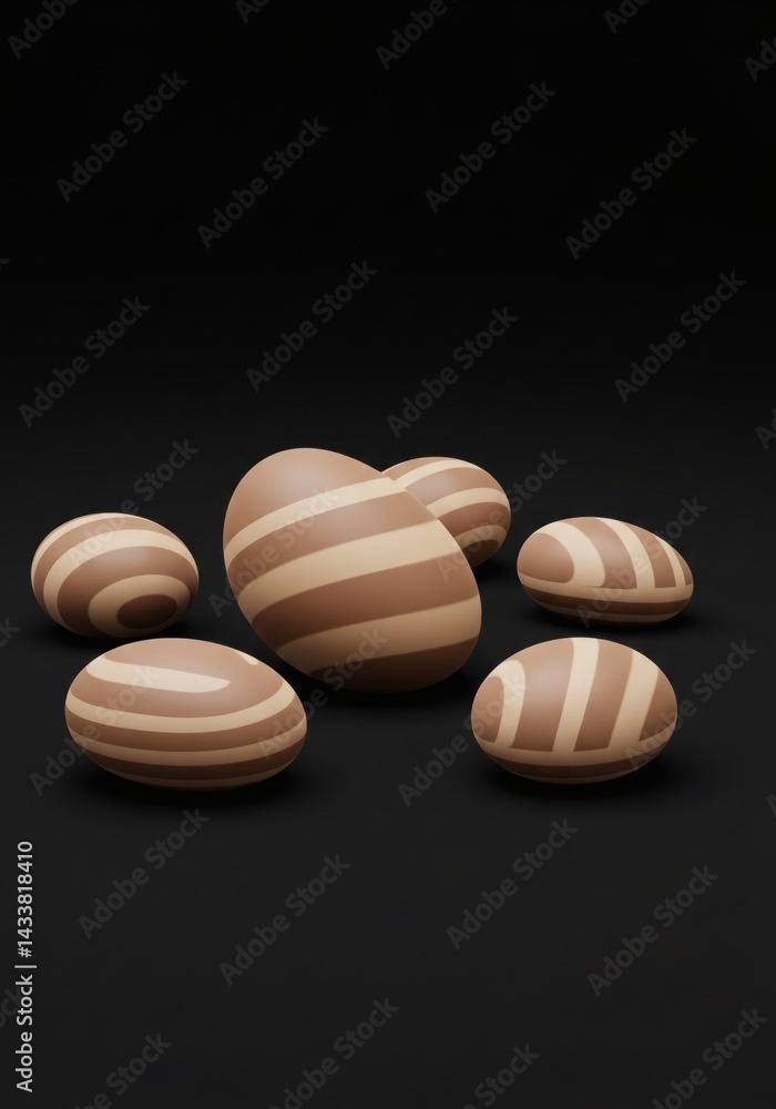 Poster minimalist composition of striped ellipsoids on a dark surface displaying simplicity