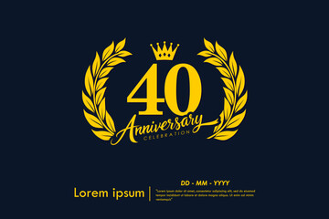 40th years anniversary celebration emblem. yellow anniversary logo isolated with laurel wreath and crown on dark background. vector illustration template design for web, flyers, poster, greeting card