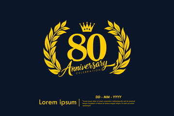 80th years anniversary celebration emblem. yellow anniversary logo isolated with laurel wreath and crown on dark background. vector illustration template design for web, flyers, poster, greeting card
