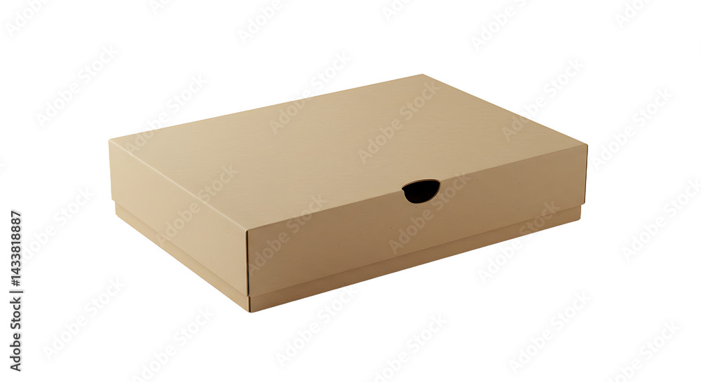 Poster a tan cardboard box with a small circular opening on a black background in a studio shot setting
