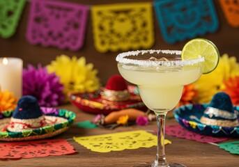 A delicious margarita cocktail with lime and salt rim setting in a vibrant Mexican themed fiesta.