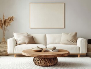 Neutral toned Living Room Interior with Cream Sofa and Rustic Coffee Table
