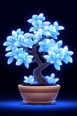 Glowing blue bonsai tree in a brown pot against a dark background