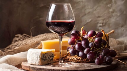 Red wine glass accompanied by cheese and fresh grapes on a wooden board, showcasing a rustic food and drink theme