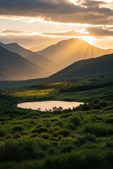 Obraz premium arafed view of a lake in a grassy field with mountains in the background