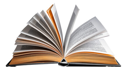 Open book with pages fanned out, showing printed text and a reflective surface below.