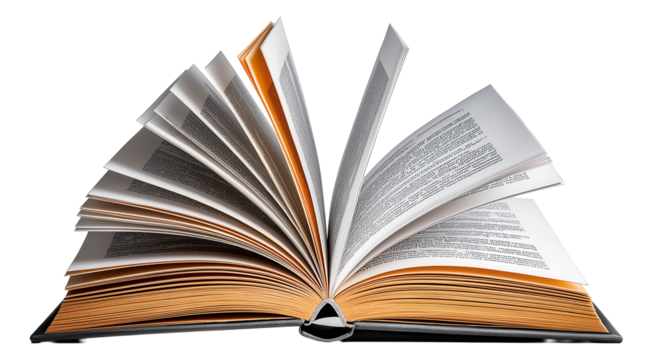 Open book with pages fanned out, showing printed text and a reflective surface below.