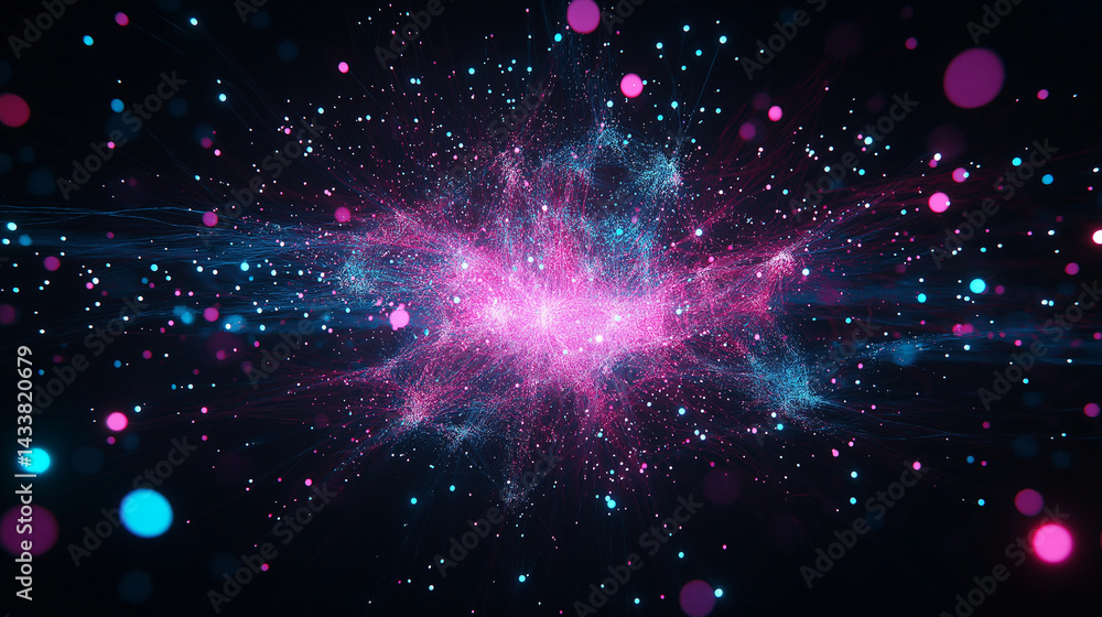 Poster cosmic ballet: an artistic rendering of a galaxy with vibrant celestial elements dancing against a b