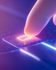Fingertip activating glowing square on a futuristic tech surface