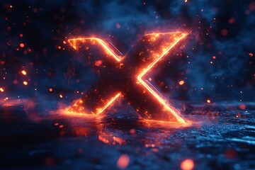 Fiery letter x with glowing edges and dark dramatic background effect