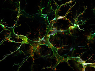 Naklejka premium Intricate abstract illustration of neural connections with glowing green tendrils against a dark background, showcasing complexity and beauty.