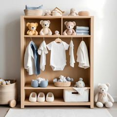 Organized Nursery Shelf with Baby Clothes, Soft Toys, and Eco-Friendly Wipes for Cozy Decor 