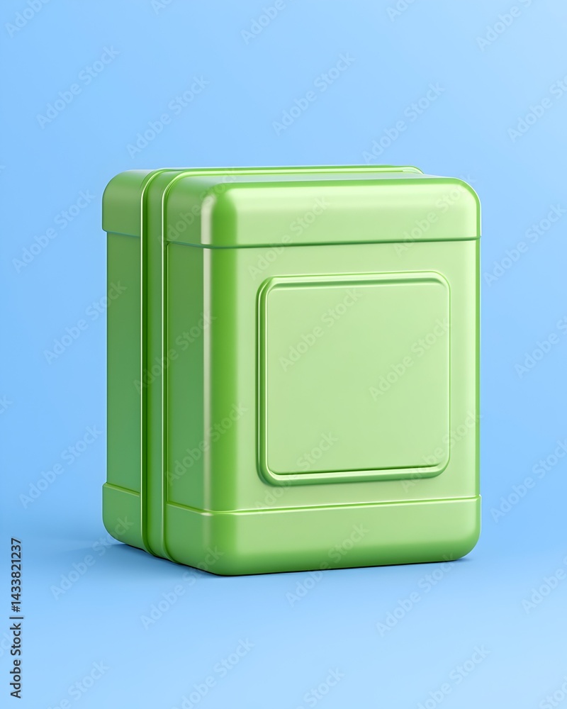 Poster a light green, rectangular container with a blank label sits on a light blue background it appears t