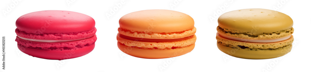Poster three colorful macarons in a row against a transparent background in a close up studio shot image pn