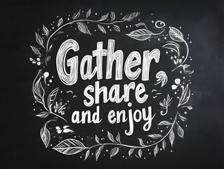 Chalkboard design featuring the phrase "Gather, share and enjoy" surrounded by decorative floral elements. Community concept