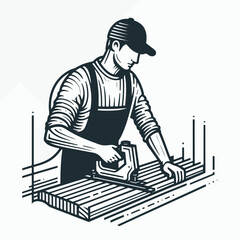 A graphic depiction of a carpenter operating a power saw on wood.