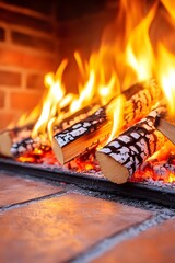 Bright flames engulf birch logs in a brick fireplace  Warmth, embers glow