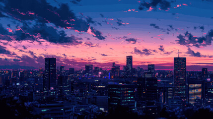 Obraz premium A breathtaking view of a city skyline at dusk captures the vibrancy of bustling buildings against a backdrop of colorful clouds. The scene offers a glimpse of urban life transitioning into night