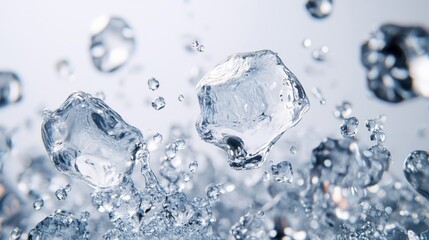 Floating Ice Cubes and Water Droplets on White Background