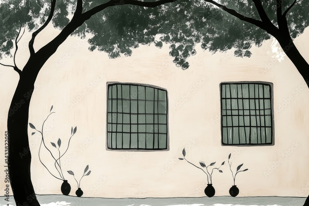 Poster abstract architecture scene: a minimalist view of architectural serenity, where the monochrome illus