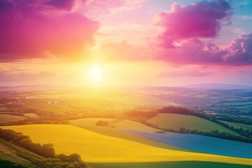 A vibrant sunset casts golden light across a landscape of rolling hills and fields, creating a breathtaking view