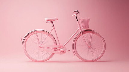 Elegant pink vintage bicycle with a front basket and detailed features set against a soft pink background for lifestyle and fashion themes