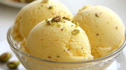 Three scoops of yellow ice cream, pistachios on top, glass bowl
