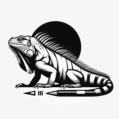 A black and white illustration of an iguana on a pencil.