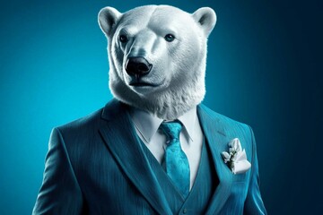 Anthropomorphic polar bear dressed professionally, captured in a closeup.