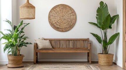 Cozy room interior wood bench, plants, rug, woven lamp, wall hanging