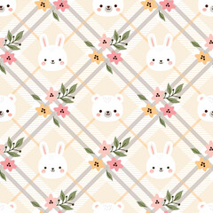Cute bunny and bear faces with pastel flowers on yellow Diagonal Stripe plaid background. Perfect for nursery wallpapers, children's fabrics, baby shower invitations, and spring-themed design