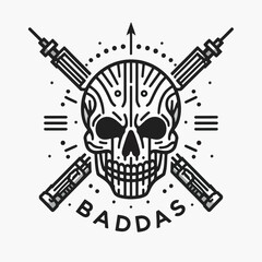 A stylized skull graphic surrounded by syringes, set against a white background with the word "BADASS" displayed below.