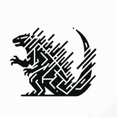 A bold graphic design of a Godzilla-like figure, characterized by its geometric patterns.