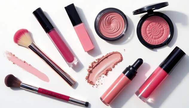 White backdrop showcasing shimmering makeup items, arranged aesthetically, makeup, minimal, cosmetics