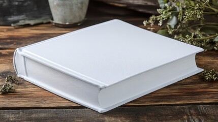 White Textured Photo Album on Rustic Wooden Table
