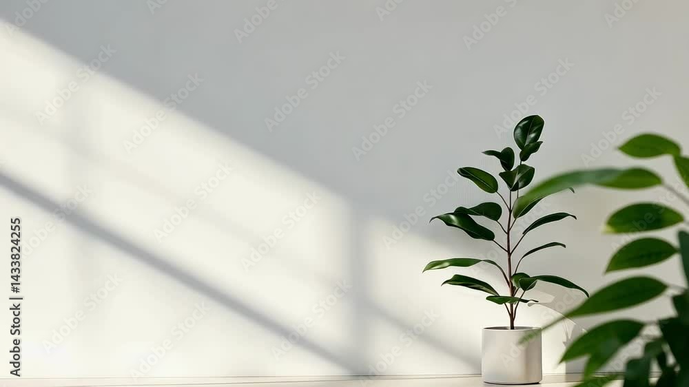 Aufkleber Subtle changes in light and shadow play across a potted plant set against a minimalist white backdrop, creating a serene and stylish atmosphere suitable for various design applications