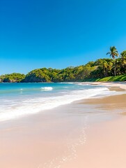 Fototapeta premium Pristine beach with soft sand, gentle waves lapping the shore, lush green hills under a vibrant blue sky