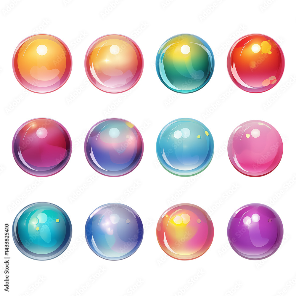 Poster twelve colorful shiny orbs arranged in a rectangular grid on a transparent background with light ref