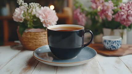 Fototapeta premium Warm Tea in Black Mug with Flowers on Table