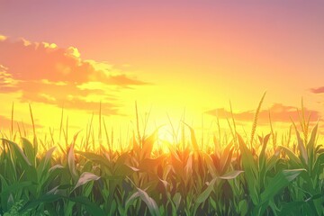 Obraz premium Vibrant sunset over a lush cornfield, sun rays illuminating the tall stalks