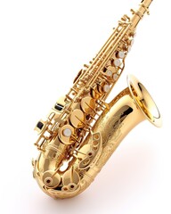 Fototapeta premium Shiny soprano saxophone lying on white background. Ai generative