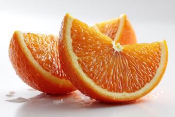 Fresh orange wedges glisten with moisture, showcasing their vibrant color and juicy texture. Perfect for healthy snack or as garnish, these citrus slices evoke refreshing feeling