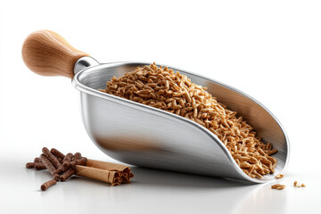 realistic photograph of metal scoop filled with brown pellets, showcasing wooden handle. image conveys sense of quality and functionality, ideal for food or agricultural contexts