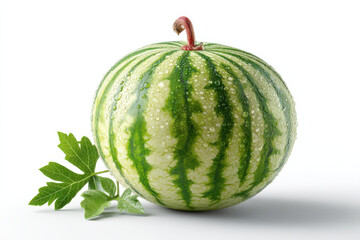 realistic photograph of complete watermelon with shiny surface, showcasing its vibrant green stripes and droplets of water. image captures freshness and natural beauty of this fruit