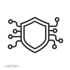 Obraz premium cyber security icon, shield and printed circuit board, thin line web symbol on white background - editable stroke vector illustration eps10