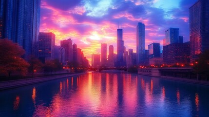 Fototapeta premium Vibrant City Skyline at Sunset with River Reflection