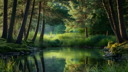 A serene forest landscape with calm water reflecting the trees. The scene evokes a sense of tranquility and peace. The natural light and vibrant green create a beautiful atmosphere