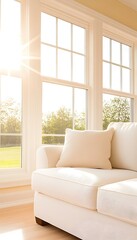 Sunlit room with white couch near large windows showing a green landscape
